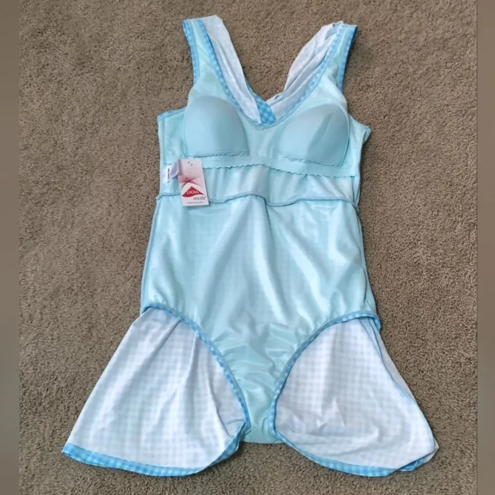 NWT Lands' End Aqua Blue Gingham Tummy Control Swim Dress Size 12 LONG Modest